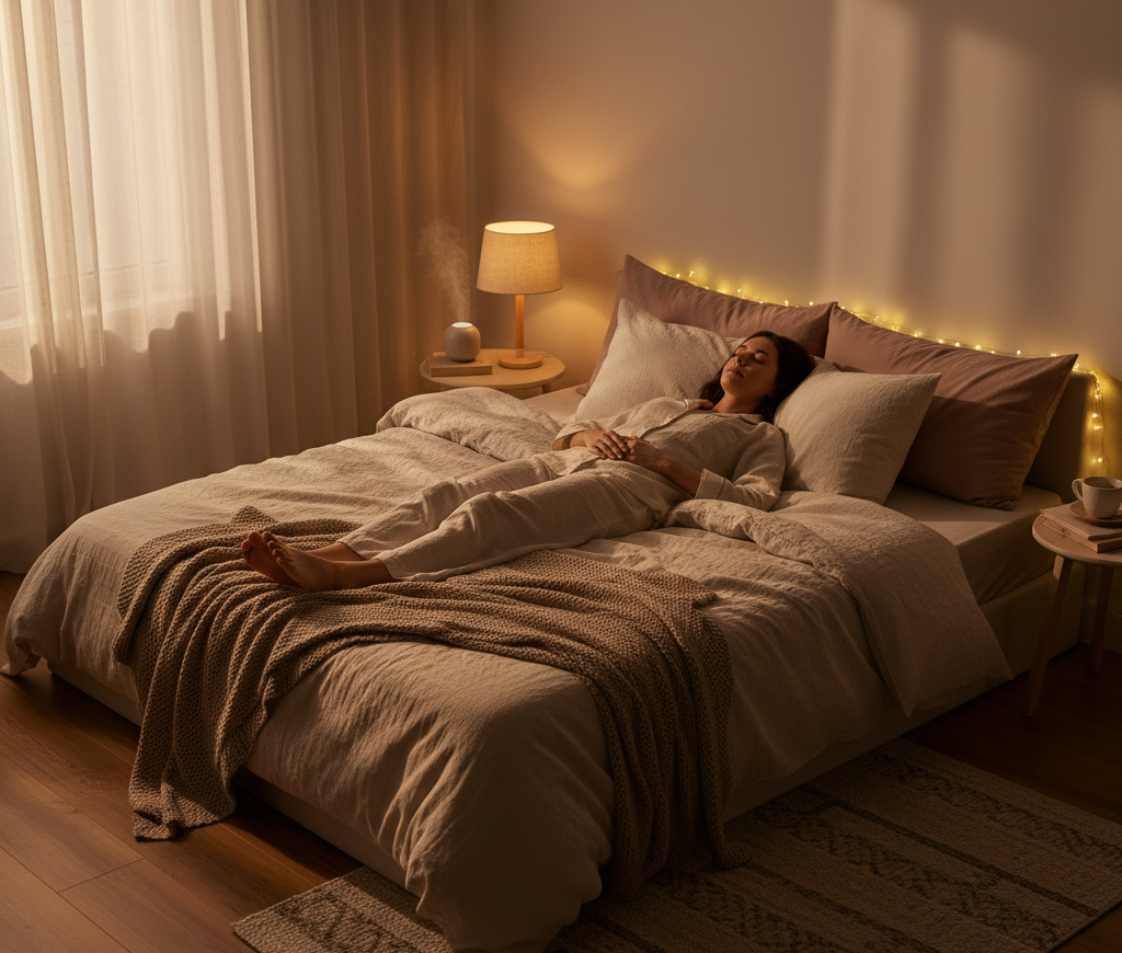 Person lying in bed practicing deep breathing at night Slow exhale illustration for 4-7-8 breathing technique Peaceful evening bedroom with calm atmosphere