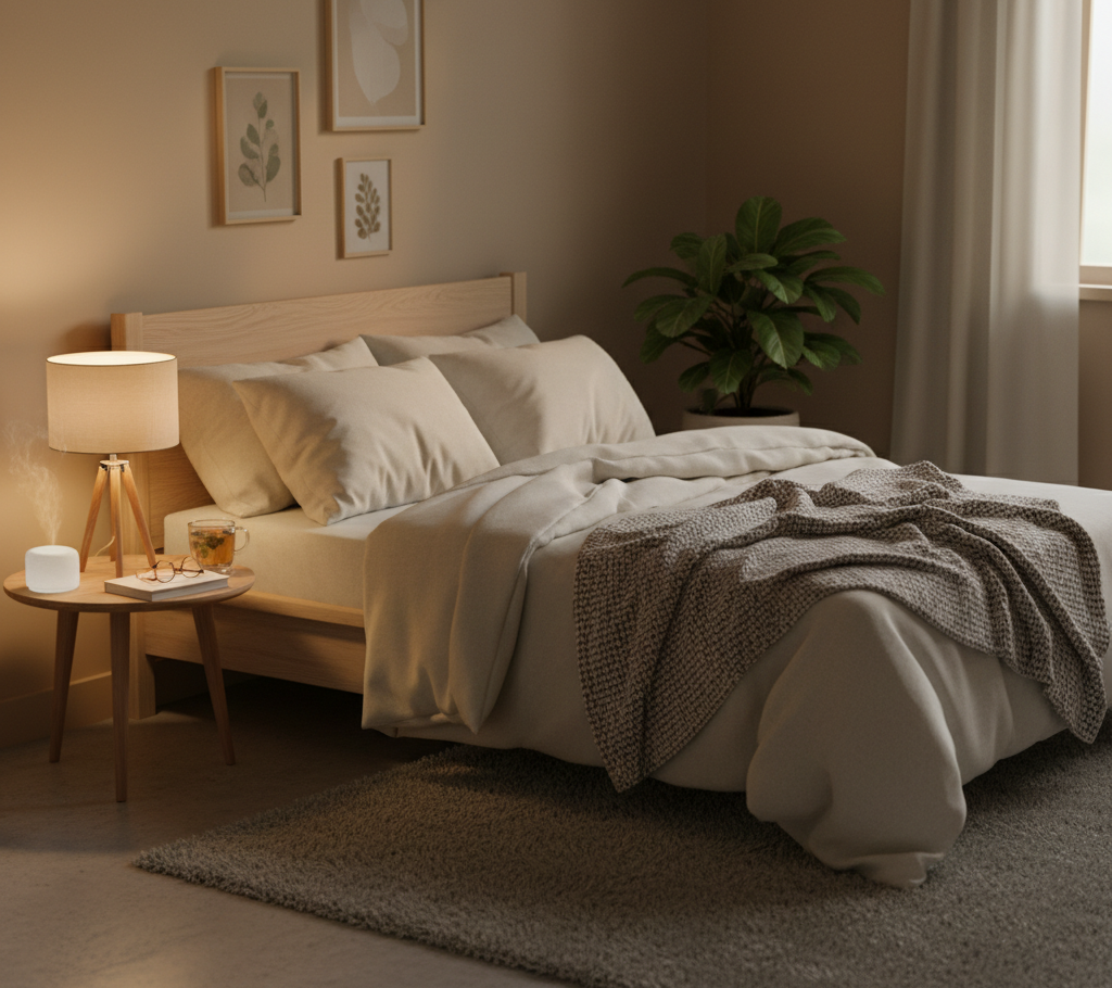 A calm and cozy bedroom at night, with dim warm lighting, soft bedding, and a cup of tea on the bedside table. Minimal, serene, inviting atmosphere. Soft focus, warm tones.