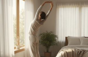 sleep habits that help. Person stretching near a window with morning sunlight and herbal tea.