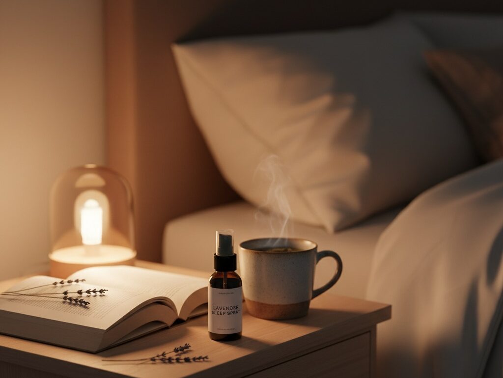 Nightstand setup with lavender spray, book, and cup of tea. Dim warm lighting, no phone visible.