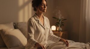 Person lying in bed practicing deep breathing at night