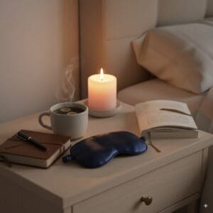 digital detox evening routine. Nightstand with a candle, a book, herbal tea, and a sleep mask