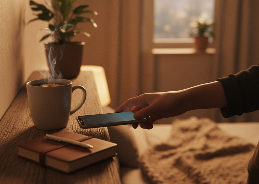 person placing phone face down on a shelf, next to a journal and cup of tea.