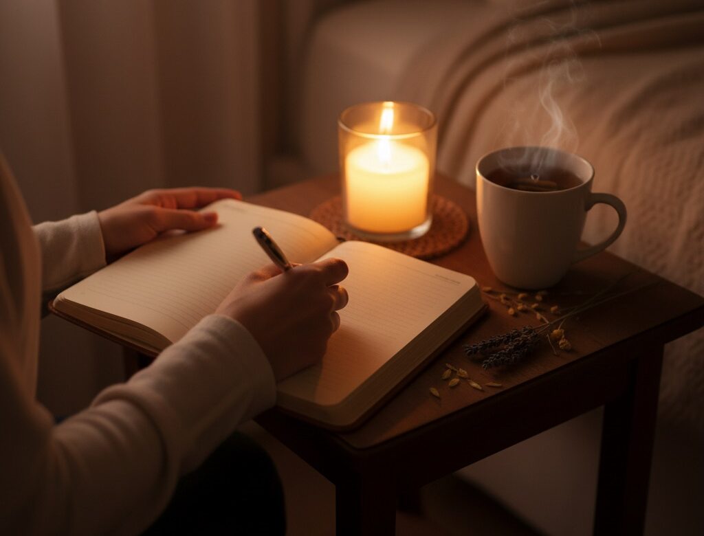 Evening routine. A person journaling at night as part of bedtime routine