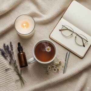 Evening journaling routine with candle and tea