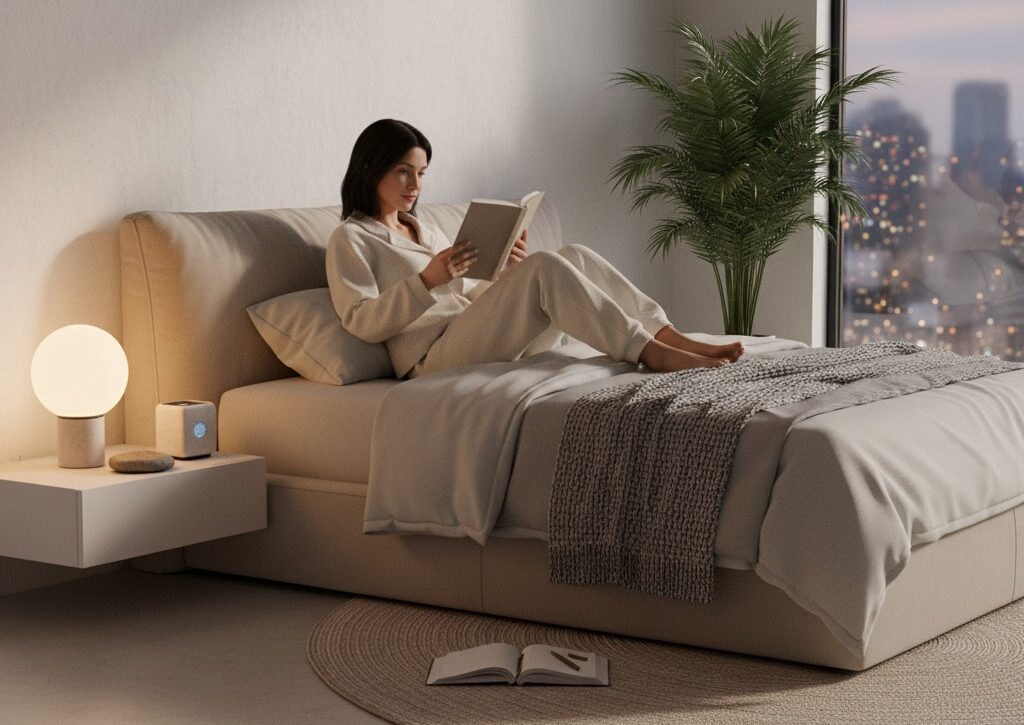 Person reading before bed in warm lighting during digital detox