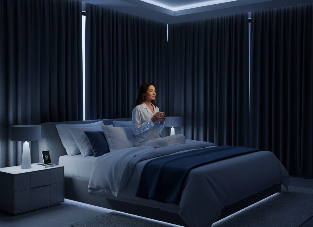 Woman wearing lightweight sleepwear made from smart fabric, relaxing in bed with herbal tea.