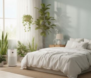 Bedroom with air purifier and plants, illustrating better indoor air quality for sleep.
