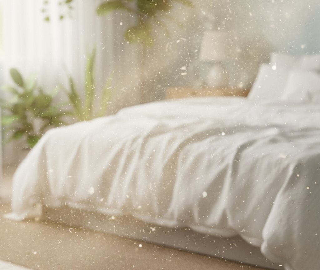 Dust particles floating near a mattress to show indoor air pollution.