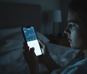 orthosomnia. Anxious person checking sleep tracking results at night.