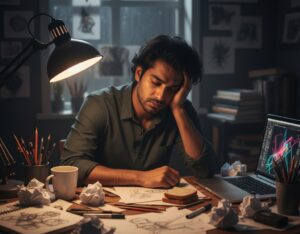 tired creative person working late at night, experiencing burnout
