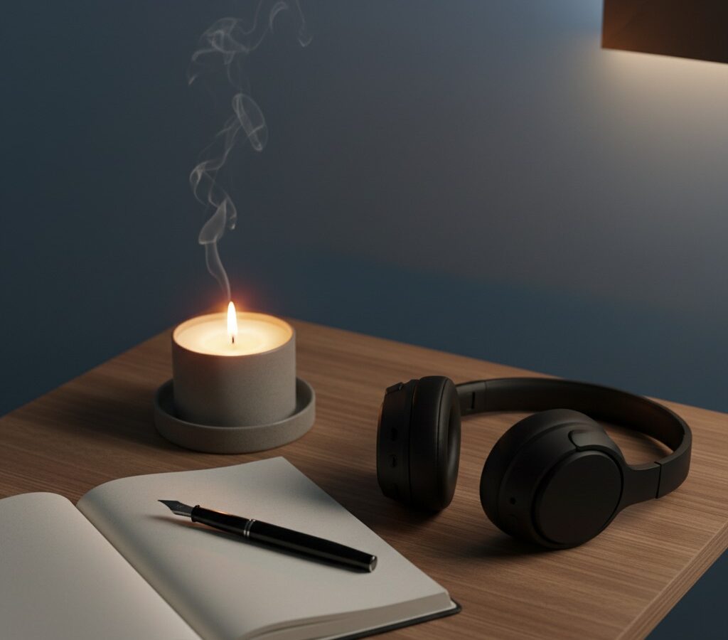 Minimalist flat-lay of a candle, journal, and headphones on a bedside table — peaceful nighttime atmosphere
