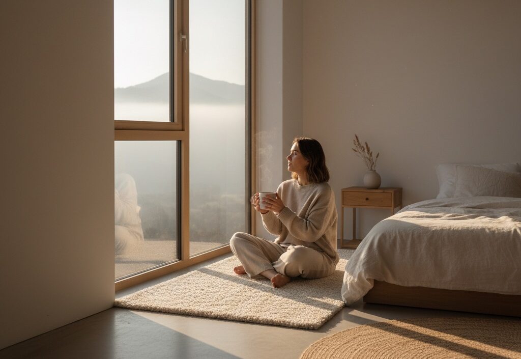 Light therapy. person enjoying morning light near window to boost sleep and mood