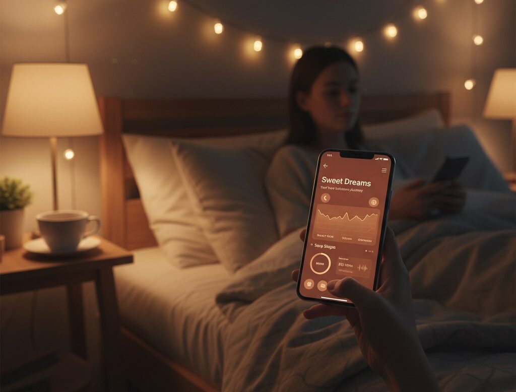 Abstract illustration showing AI “analyzing” sleep patterns — waves, data lines, and a calming nighttime gradient.